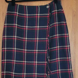 Vintage 90s Sag Harbor Plaid Wool Blend Faux Wrap Mini Skirt Size 14 Fringe